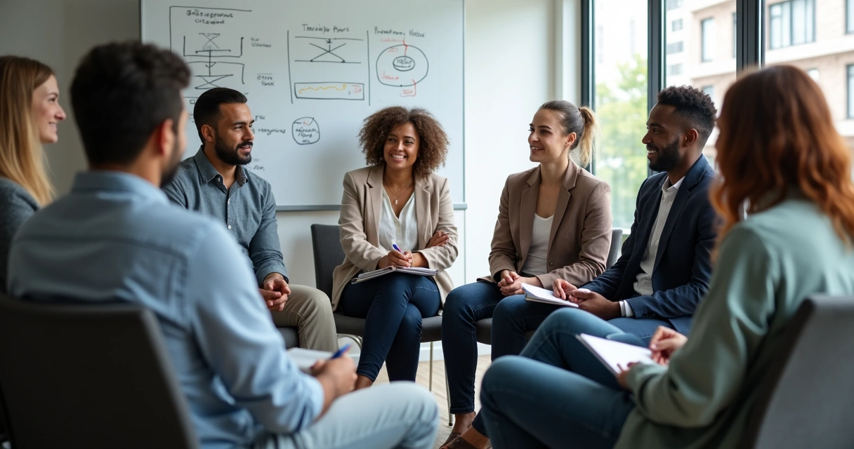Equipe sentada em círculo durante sessão de coaching coletivo 