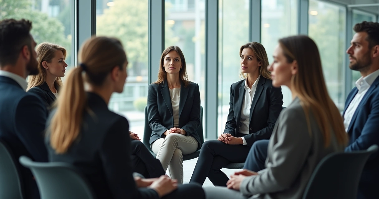 Equipe em roda praticando silêncio consciente durante reunião 