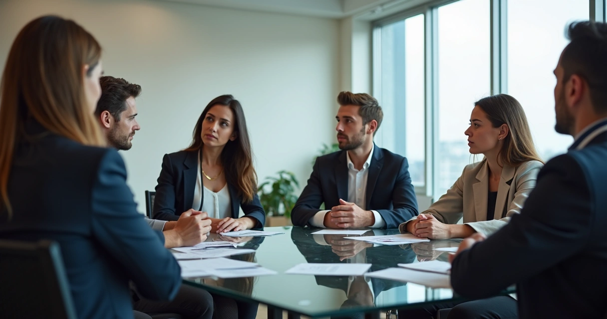 Equipe de trabalho sentada ao redor de uma mesa, trocando olhares desconfiados durante uma reunião 