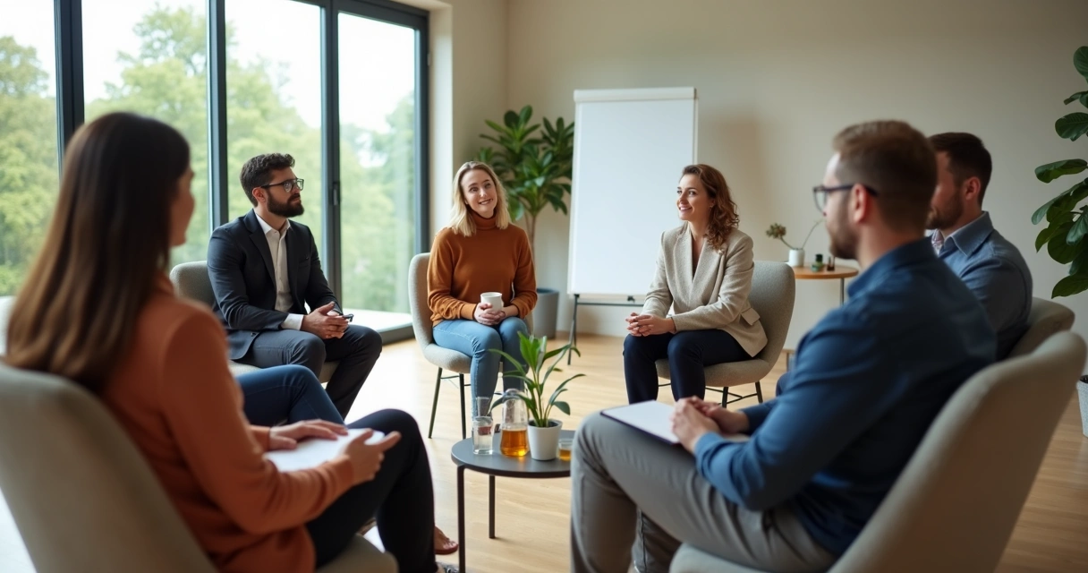 Equipe sentada em círculo praticando silêncio ativo em sala iluminada 