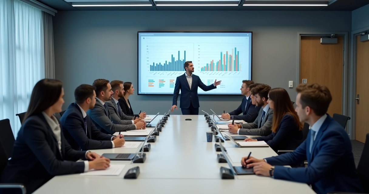 Equipe de colaboradores em sala de reunião assistindo a apresentação em tela digital 
