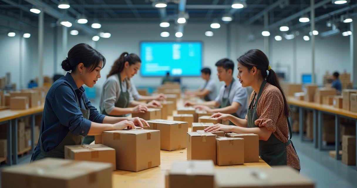 Equipe embalando pedidos em centro de fulfillment moderno