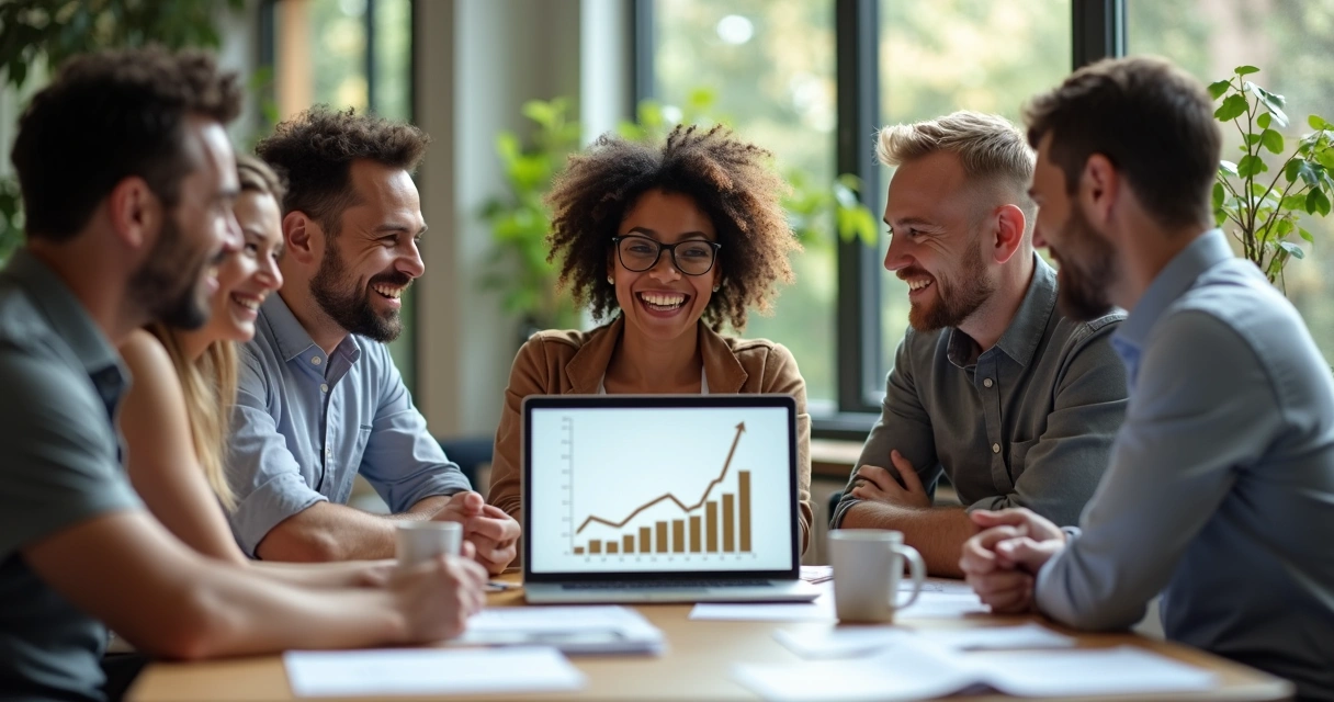 Equipe reunida comemorando bons resultados com expressões de alegria