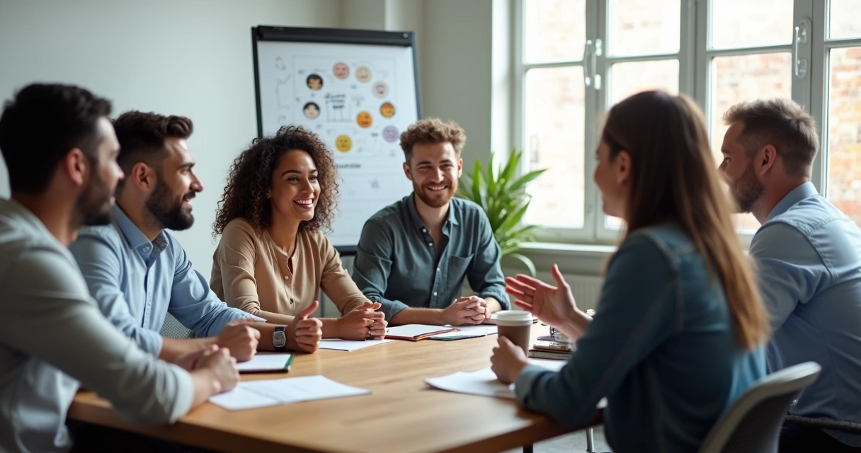 Equipe reunida sentada ao redor de uma mesa, conversando e interagindo de maneira atenta e acolhedora