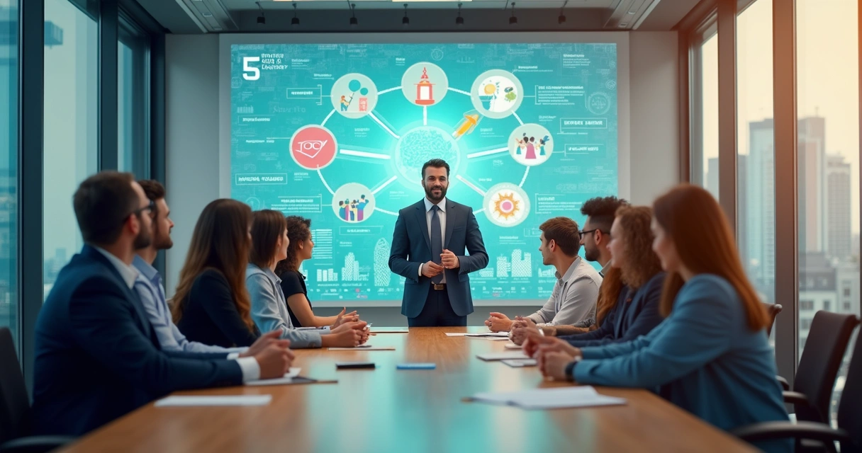 Equipe diversa em reunião com conexões entre emoções e impacto social na empresa 