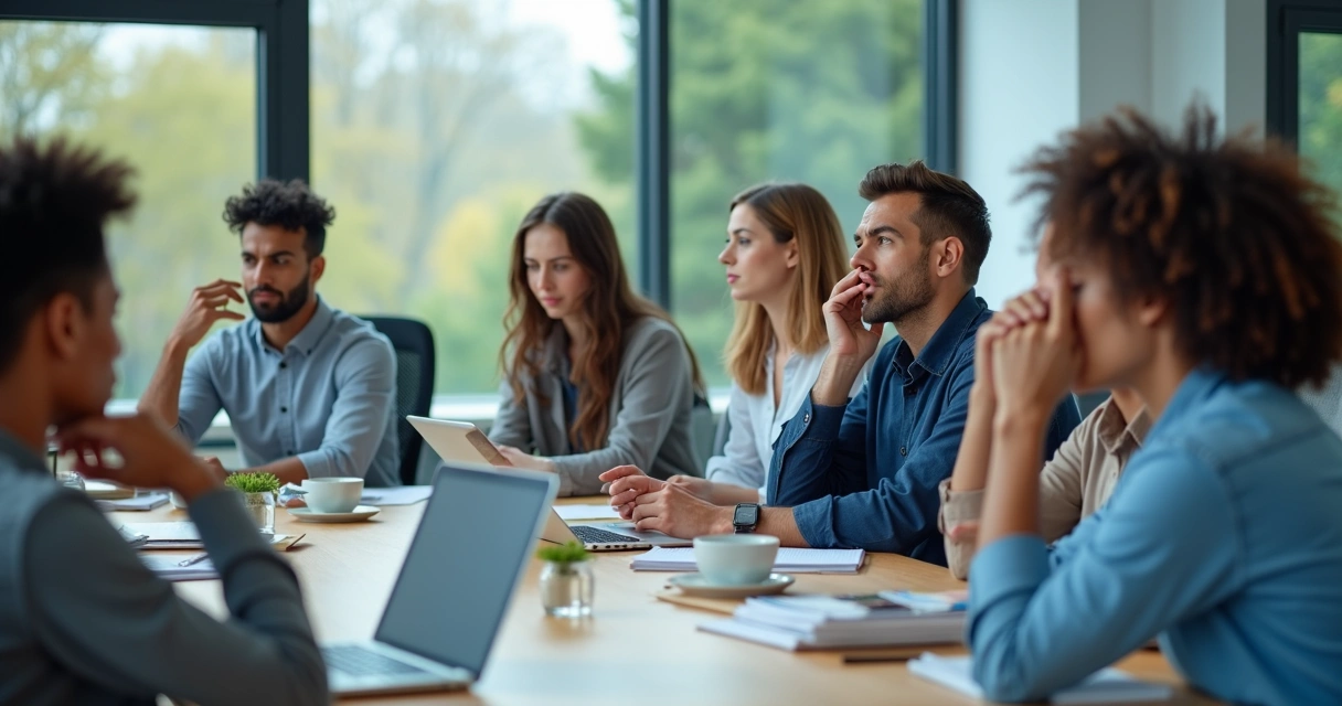 Colegas de trabalho em reunião com expressões emocionais distintas 