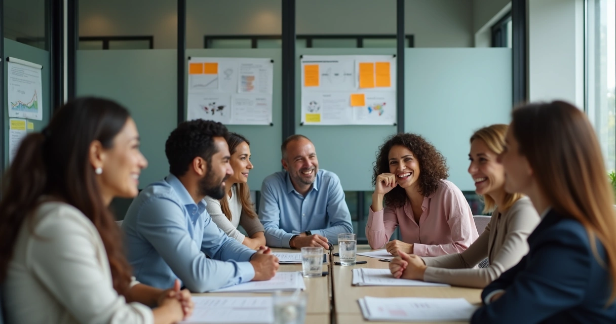 Equipe de trabalho em uma sala moderna, pessoas de diferentes idades olhando umas para as outras, expressando emoções variadas em seus rostos 