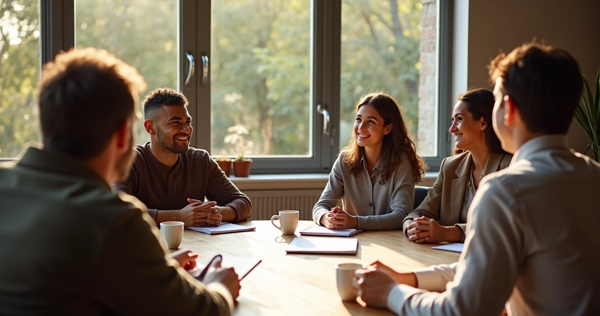 Equipe em roda, praticando escuta ativa em reunião