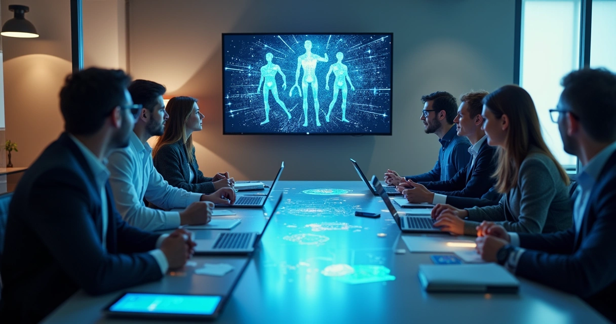 Equipe de empresa reunida planejando integração de agente inteligente 