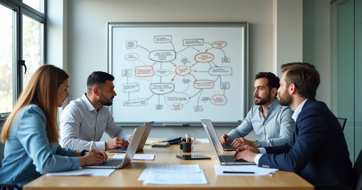 Equipe de empresa analisando processos internos em um escritório moderno