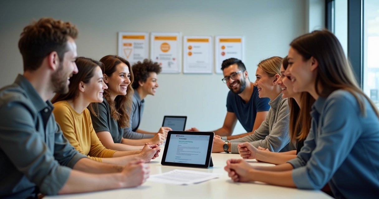 Equipe reunida sorrindo após treinamento SST online