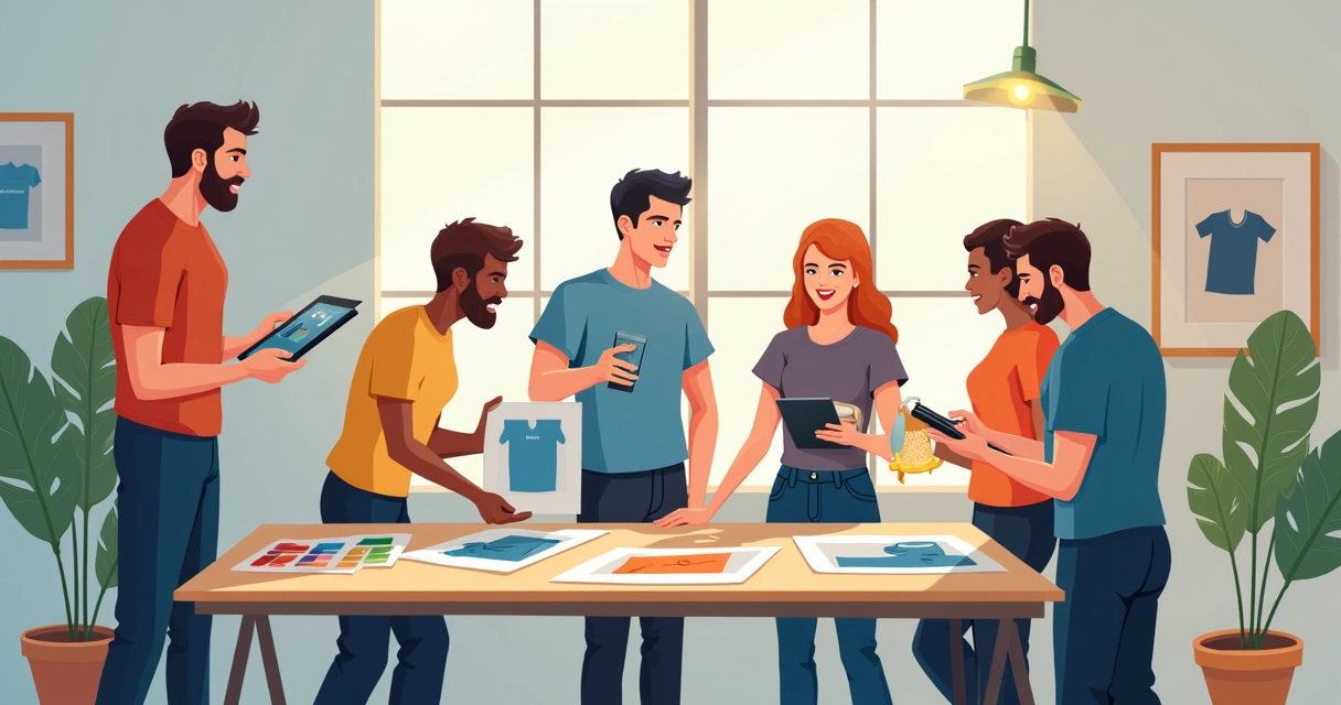 Equipe de empresa de personalização de camisetas reunida ao redor da mesa 