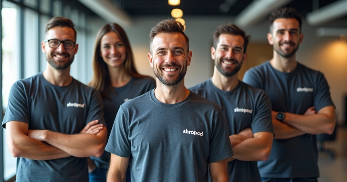 Equipe de funcionários uniformizada com camisetas personalizadas sorrindo 
