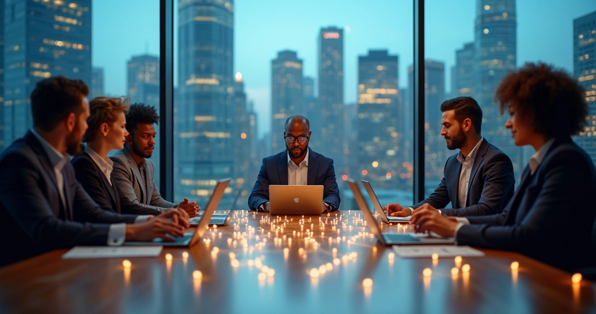 Equipe de negócios conectada por linhas luminosas representando vínculos invisíveis 