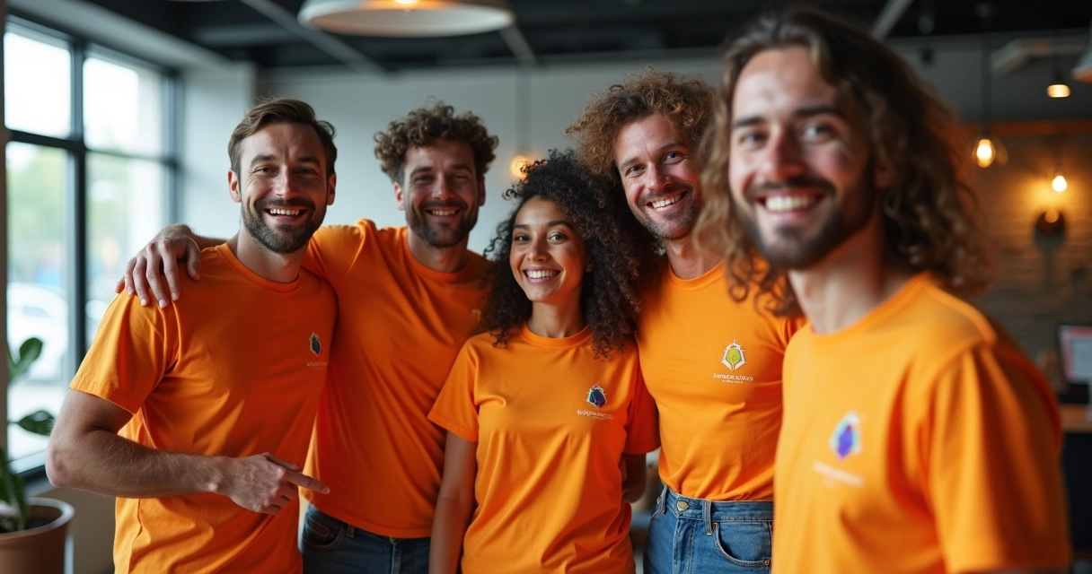 Equipe de colaboradores de empresa reunida vestindo camisetas personalizadas coloridas e sorrindo 