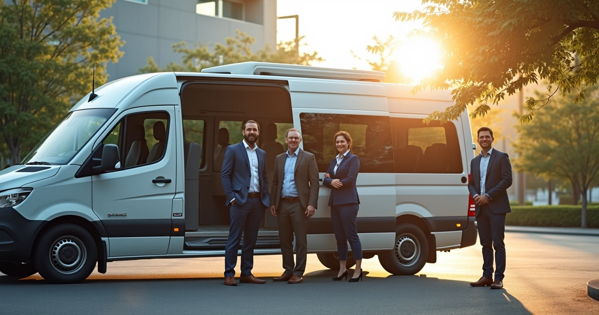 Equipe de empresa embarcando em van corporativa moderna 