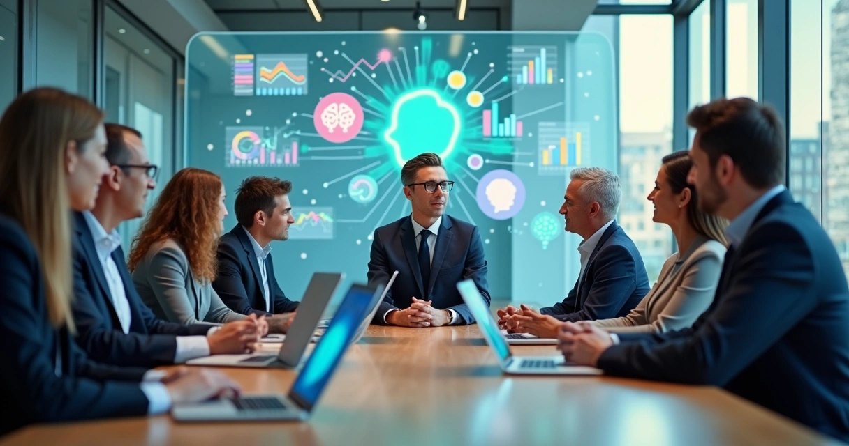 Equipe diversa em reunião com ícones de emoções conectados a gráficos de desempenho 