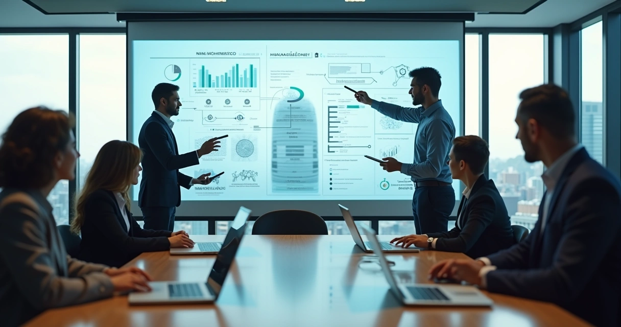 Equipe empresarial analisando painel digital com gráficos e ícones de IA 