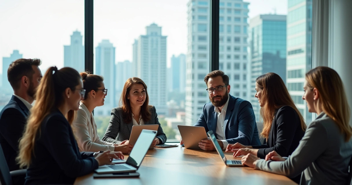 Equipe reunida em mesa de reunião trabalhando em estratégias digitais 