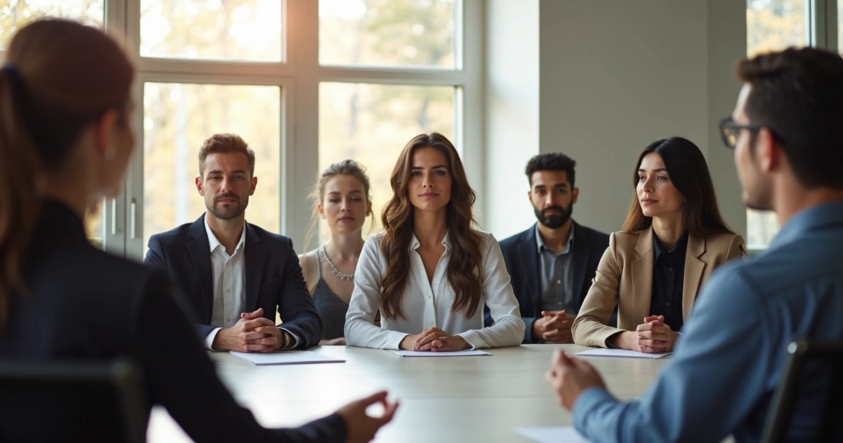 Equipe de empresa reunida, alguns de olhos fechados meditando, em sala de reuniões iluminada 