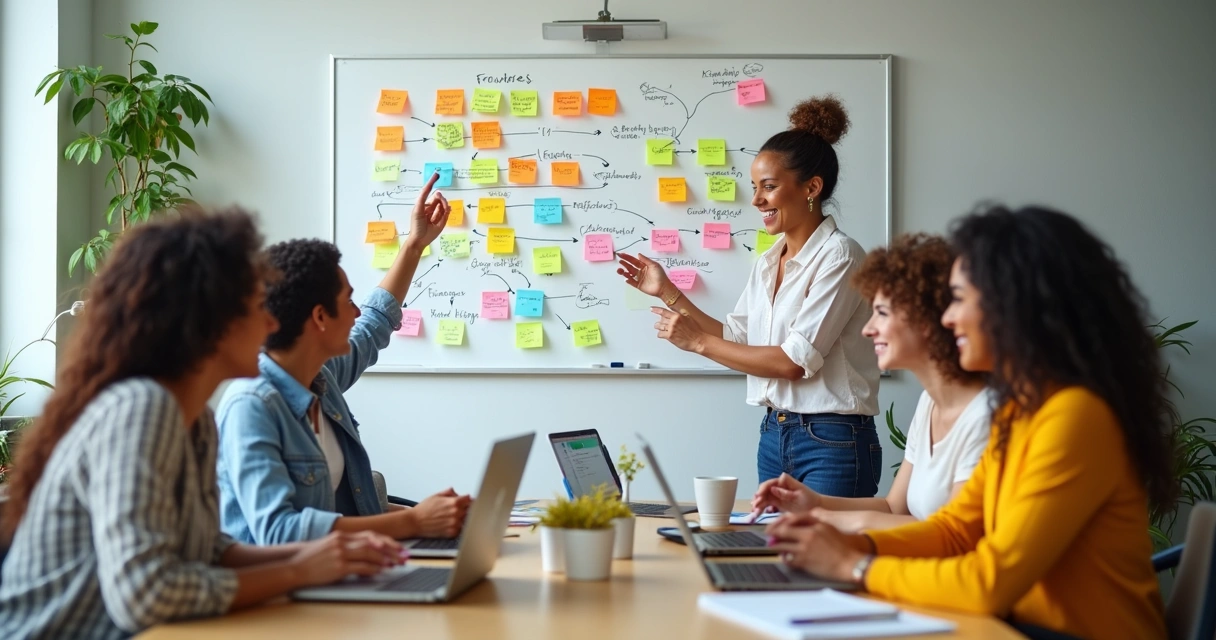Grupo em reunião colaborativa planejando aplicativo em quadro branco