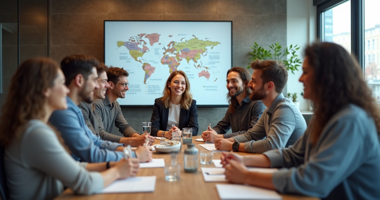 Equipe reunida sorrindo em uma sala de reuniões com quadro de valores ao fundo 