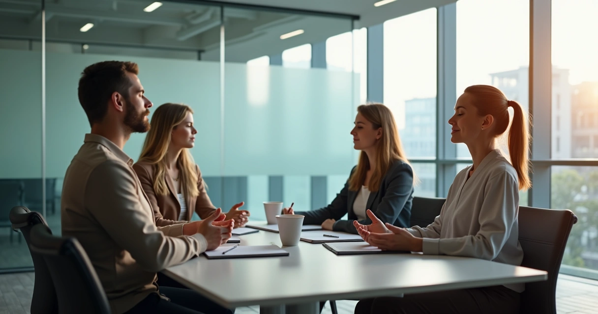 Equipe reunida em sala de reunião praticando exercícios de foco e presença. 