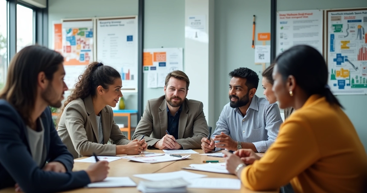 Equipe reunida em escritório para evento de segurança no trabalho 