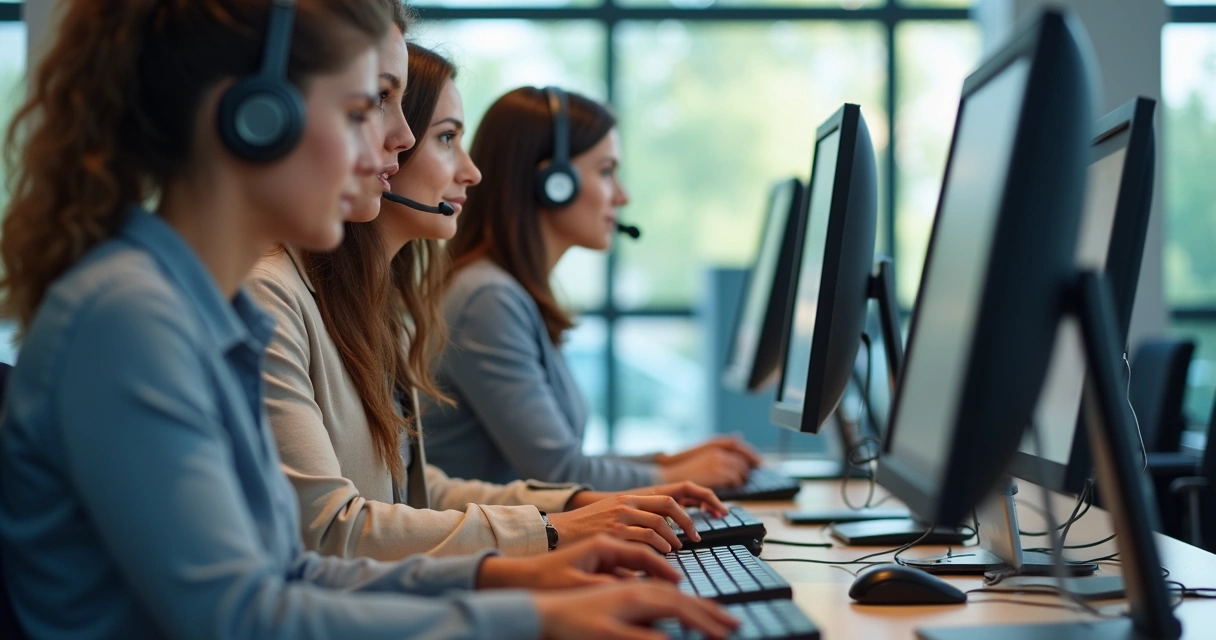 Equipe de empresa utilizando softphones nos computadores 