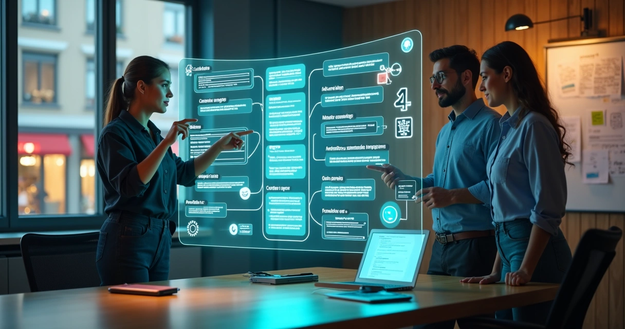Equipe olhando painel digital com fluxos automatizados por inteligência artificial 