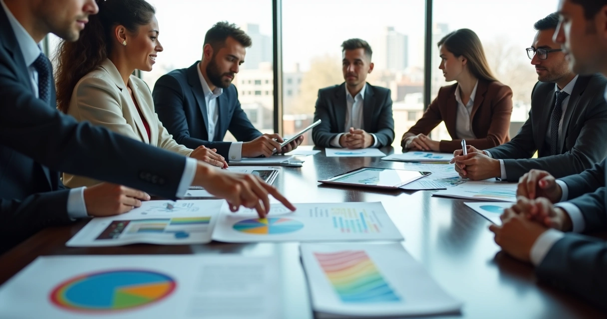 Equipe empresarial analisando riscos e oportunidades em reunião