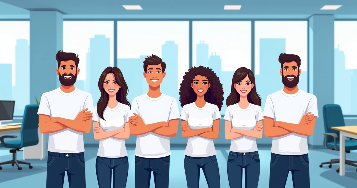 Equipe empresarial unida usando camisetas personalizadas premium