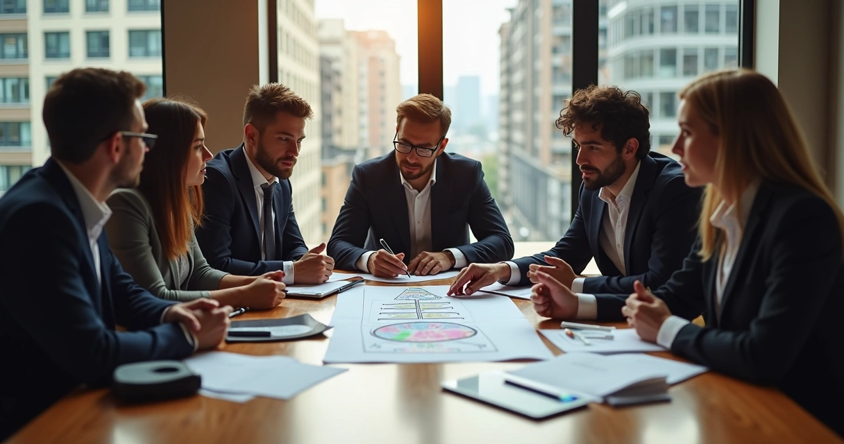 Equipe de negócios discutindo estratégias ao redor de uma mesa com documentos 