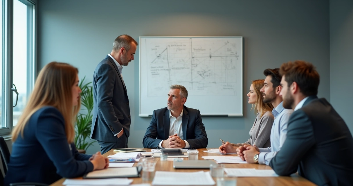 Equipe empresarial com papéis confusos e expressões de insatisfação