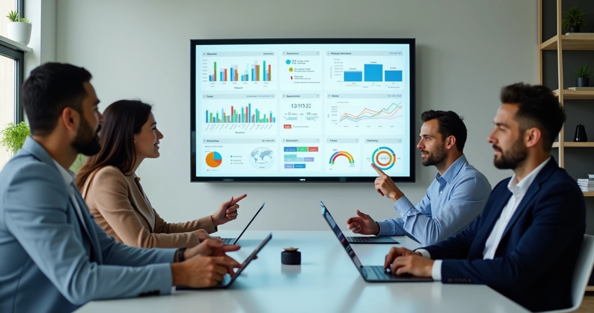Equipe empresarial avaliando feedback digital em ambiente moderno 