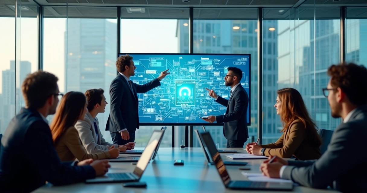 Equipe empresarial colaborando em estratégia de IA