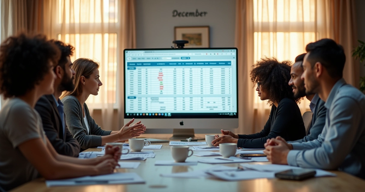 Equipe analisando planilha financeira na sala de reuniões 