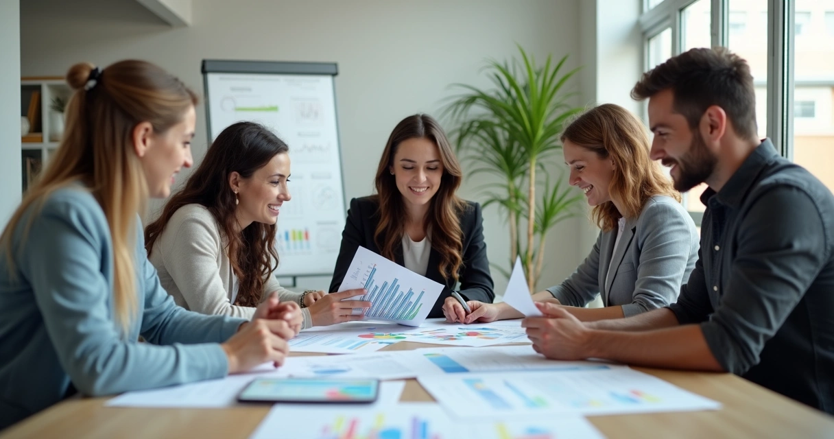Equipe reunida analisando relatório empresarial de crescimento 