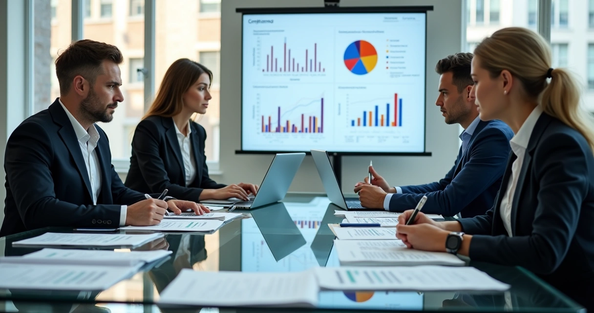 Equipe de colaboradores reunida em sala de reunião analisando documentos e gráficos para auditoria de compliance 