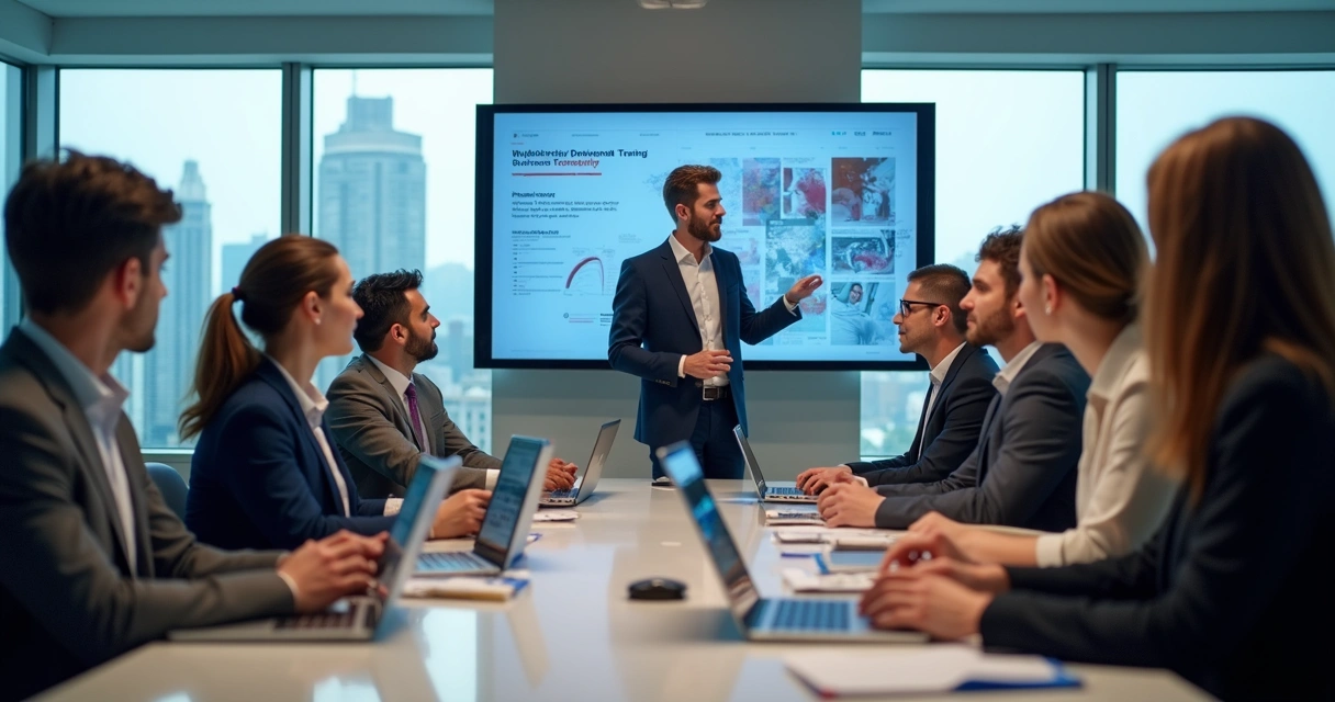 Equipe empresarial em treinamento de TI em sala de reunião moderna 