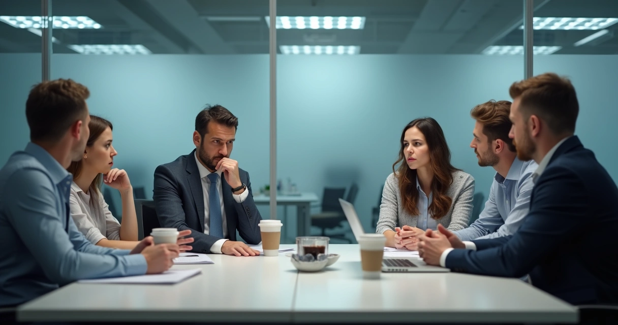 Equipe sentada em reunião, expressão tensa. 