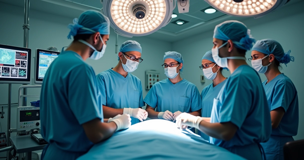 Equipe de endoscopia reunida em sala monitorada 