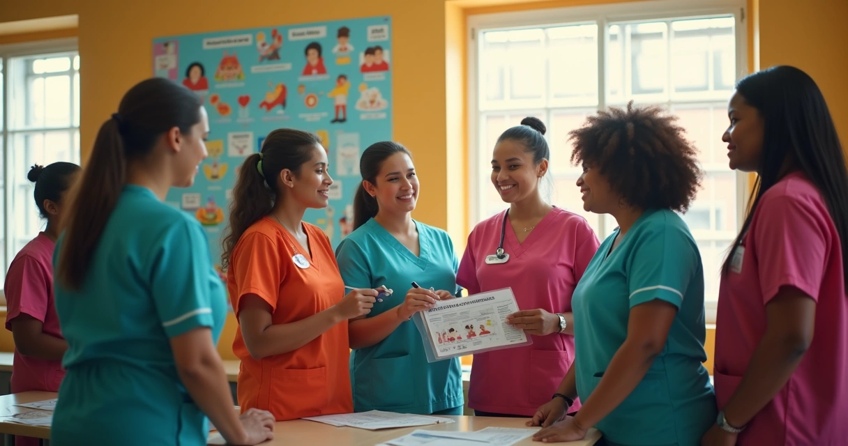 Equipe de enfermagem coletiva reunida em clínica comunitária 
