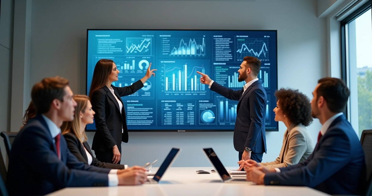 Equipe reunida, animada, analisando gráficos em tela grande 