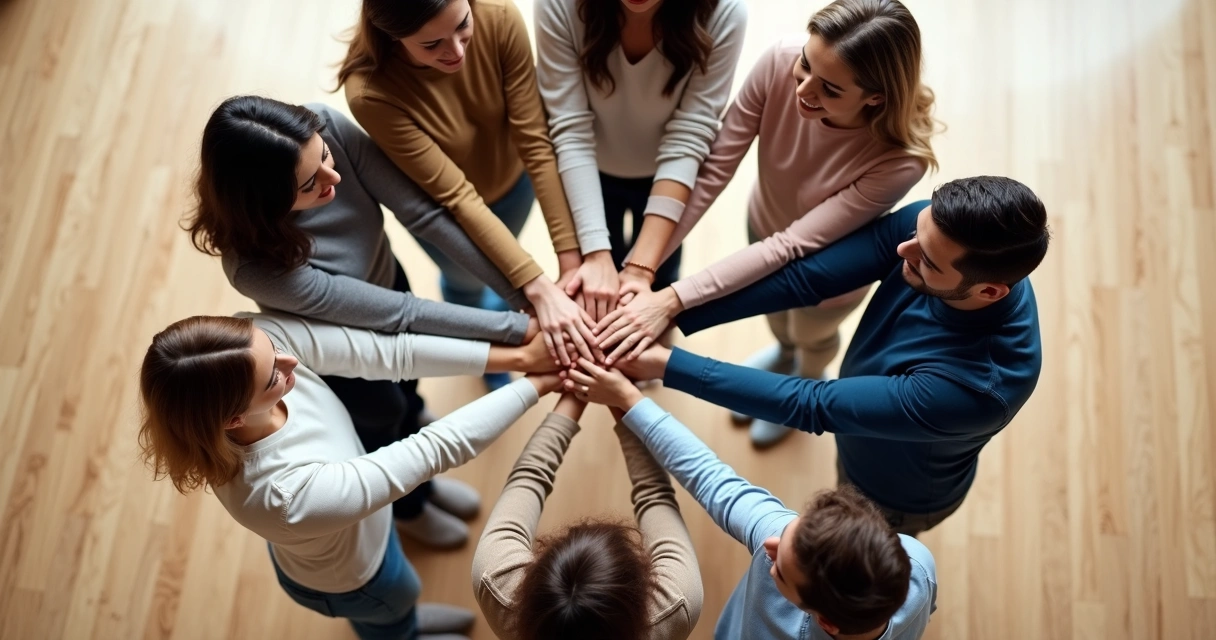 Equipe unida com braços entrelaçados vista de trás