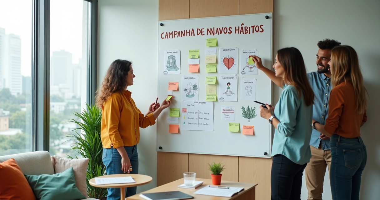 Equipe de escritório colando adesivos coloridos em mural de campanha de hábitos saudáveis 