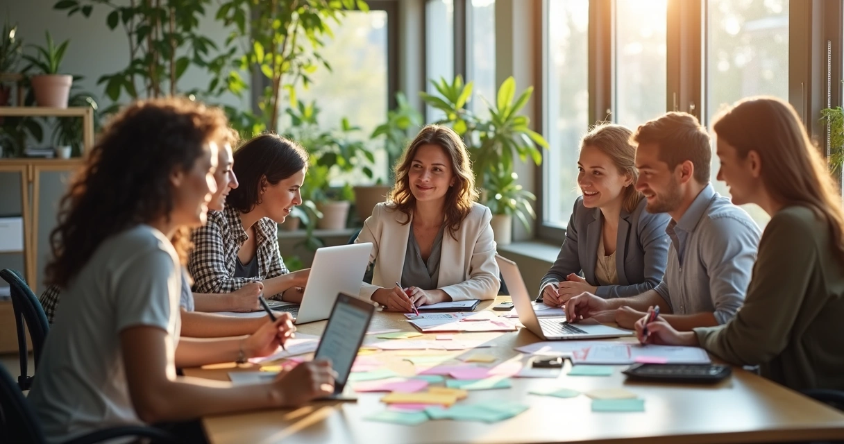 Grupo de pessoas em uma mesa trocando ideias e trabalhando em conjunto