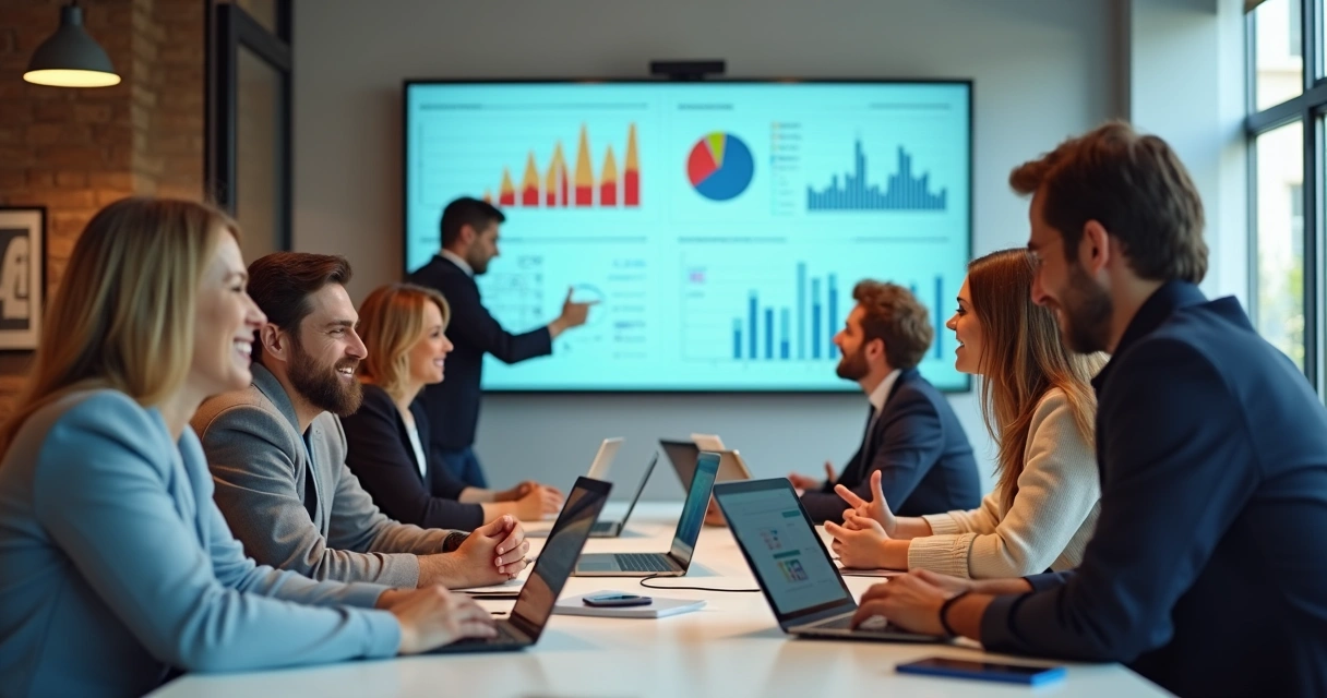 Equipe diversificada treinando em plataforma EAD, interagindo em ambiente moderno 