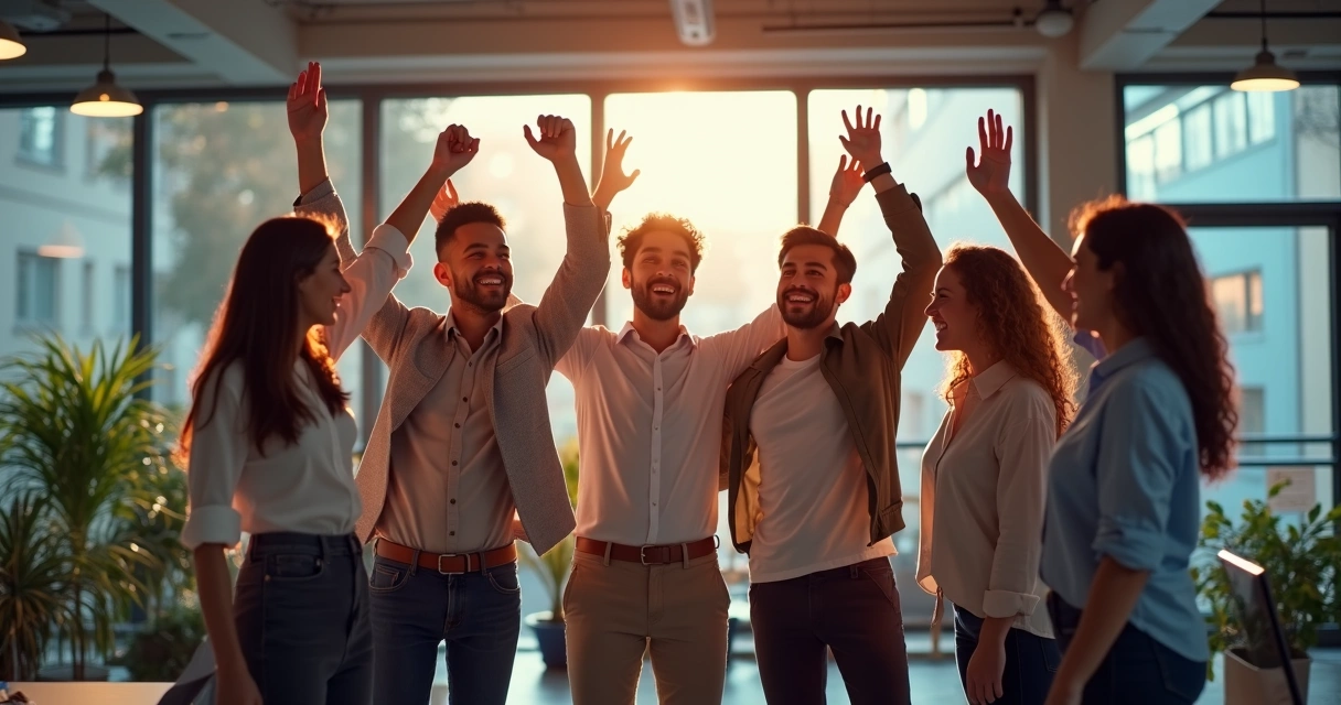 Equipe corporativa reunida comemorando resultado positivo
