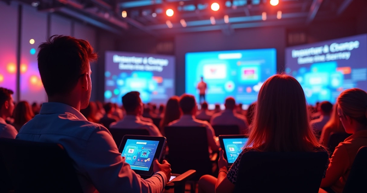 Equipe participando ativamente de uma convenção de vendas em ambiente moderno com palco, telões e tecnologia audiovisual 